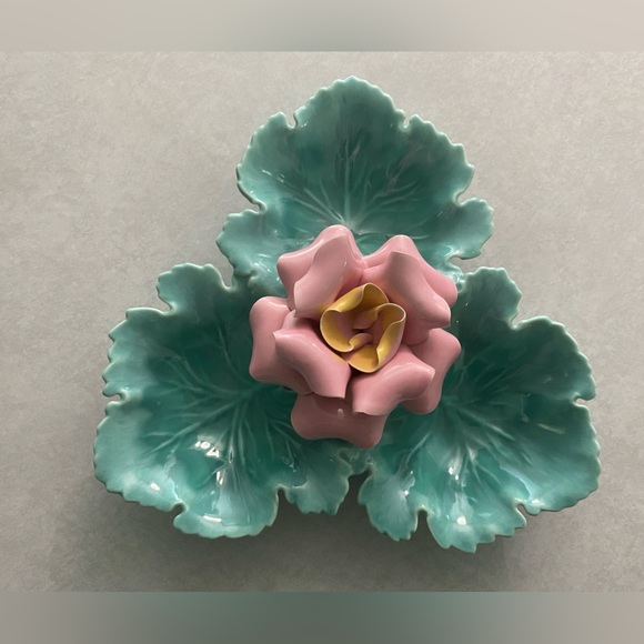 Vintage Enchanto candy dish turquoise leaves (cabbage?) and pink rose - Picture 2 of 16